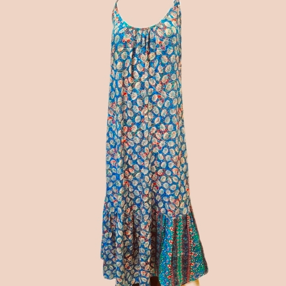 KARMA Hwy Blue Grn Shift Maxi Ruffle Hem Dress OS NWT - Picture 4 of 8